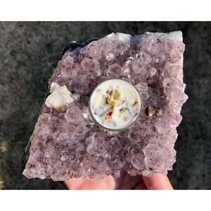 6.7in Amethyst Cluster Tea Light Holder with Calcite, Eucalyptus Clove Candle #3